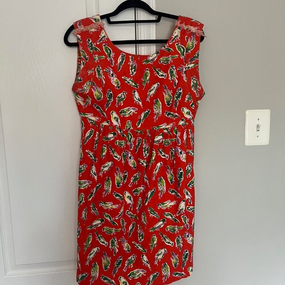 JCREW Red Summer Dress with Parrots has Pockets - Picture 3 of 3